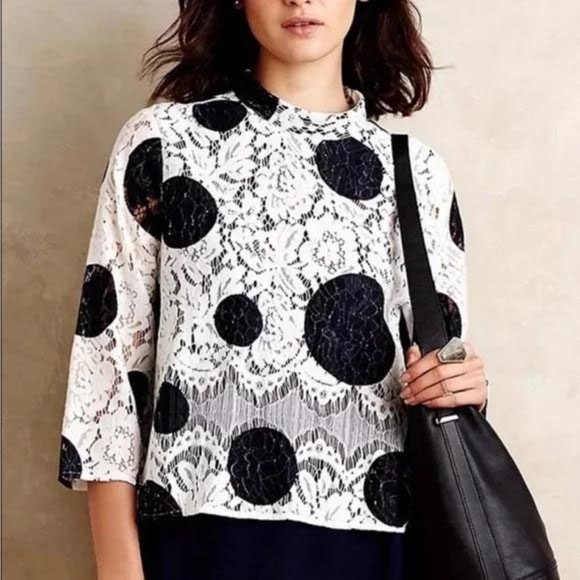 Anthropologie HD in Paris Rochelle Blouse Lace Layering Size 0 Navy Cream - Picture 1 of 16